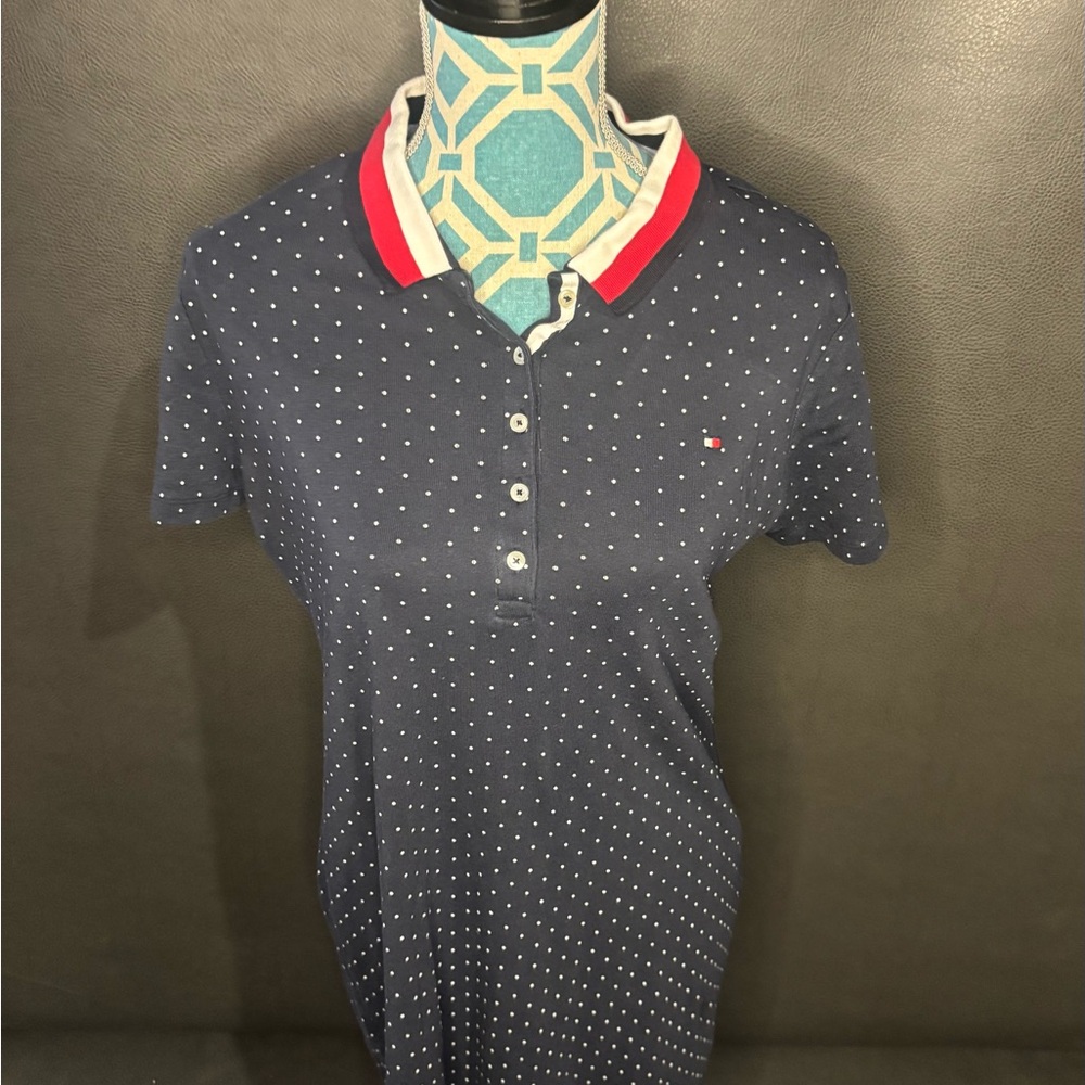 Tommy Hilfiger Women's Polo Style Shirt Dress Navy White Polka Dots Size Large